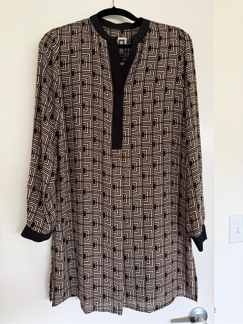 Anne Klein Black and Cream Geometric Print Shirt Dress